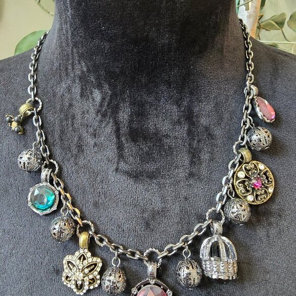 Womens Silver Tone Chain Multiple Charm Necklace Jewelry with Lobster Clasp - Picture 2 of 7